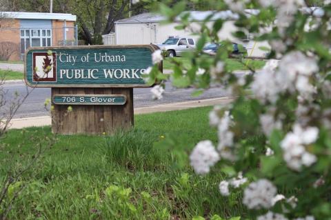 Urbnaa Public Works Department sign with flowers